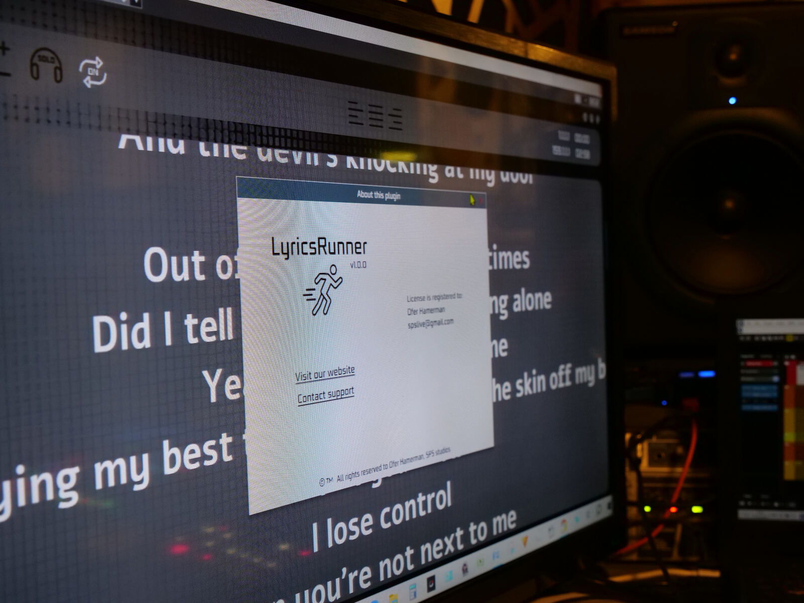 LyricsRunnerVST plugin running inside a DAW with a registered license window in a producer's studio