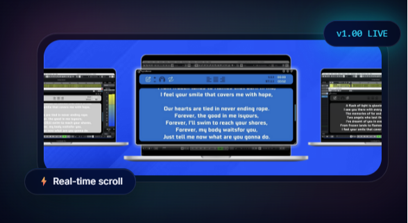 LyricsRunnerVST displaying synchronized scrolling lyrics inside three DAWs